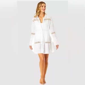 NWT Ibiza Anne ColeWomen's Button Up Bell Sleeve Crochet Trim Cover-Up Tunic
